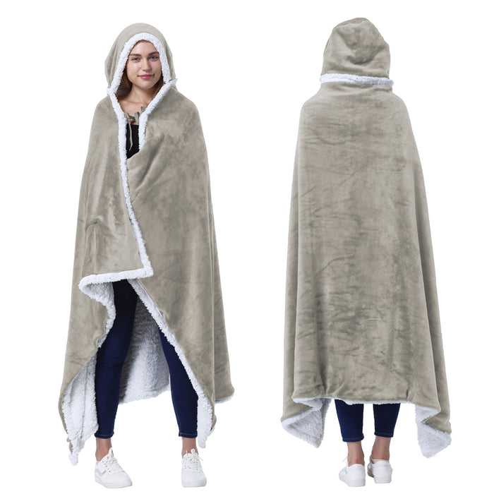Sherpa Hooded Blanket Poncho with Hand Pockets