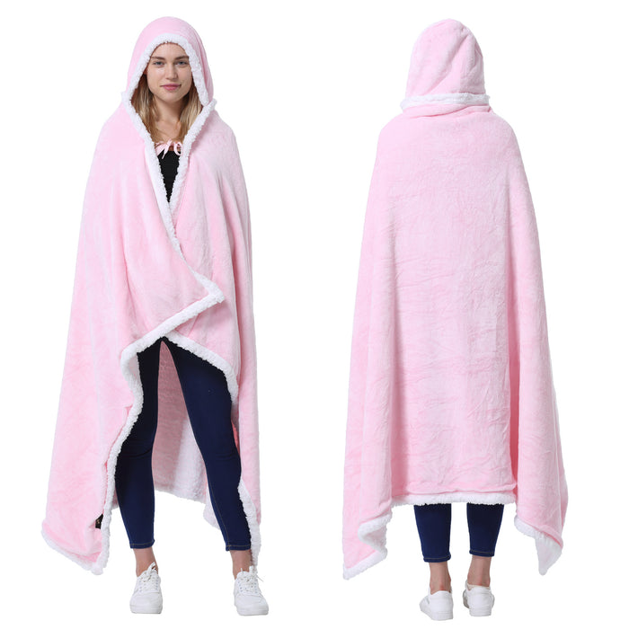 Hooded Sherpa Blanket Poncho with Hand Pockets