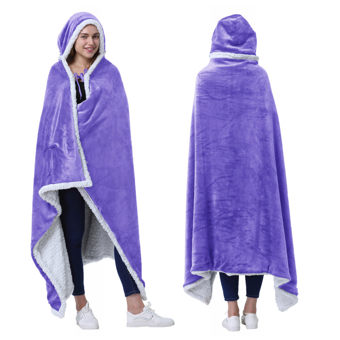 Hooded Sherpa Blanket Poncho with Hand Pockets