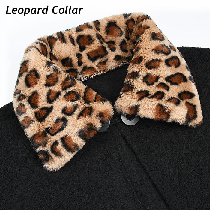 Cheetah Faux Fur Collar Fleece Poncho Coat