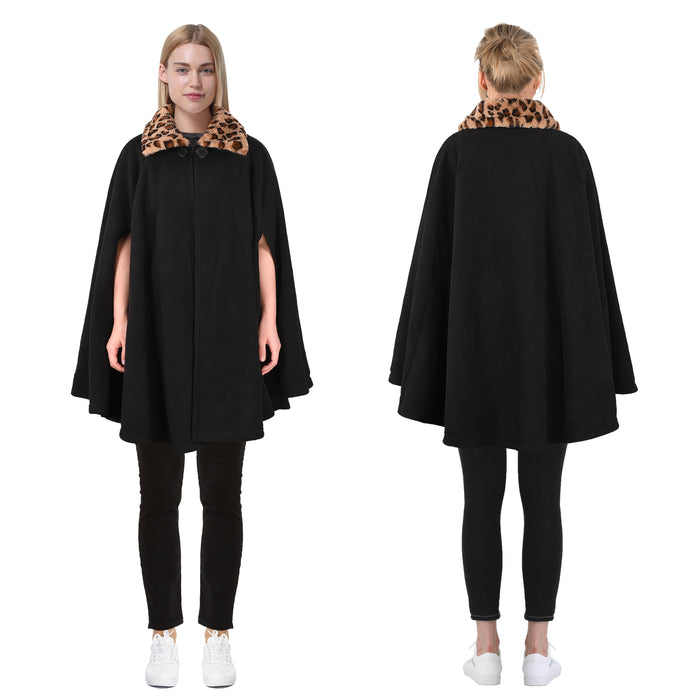 Cheetah Faux Fur Collar Fleece Poncho Coat