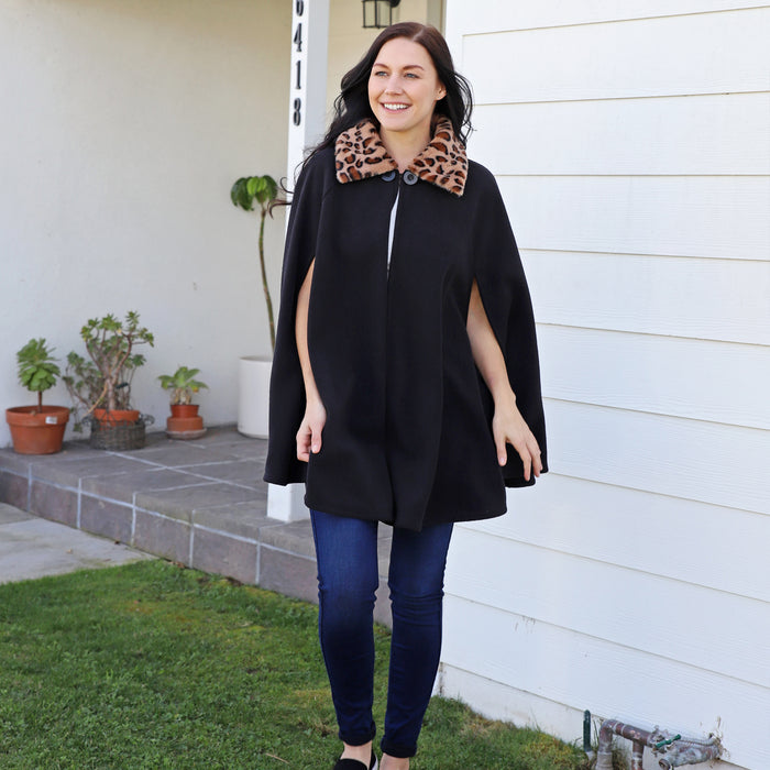 Cheetah Faux Fur Collar Fleece Poncho Coat