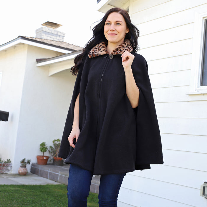Cheetah Faux Fur Collar Fleece Poncho Coat