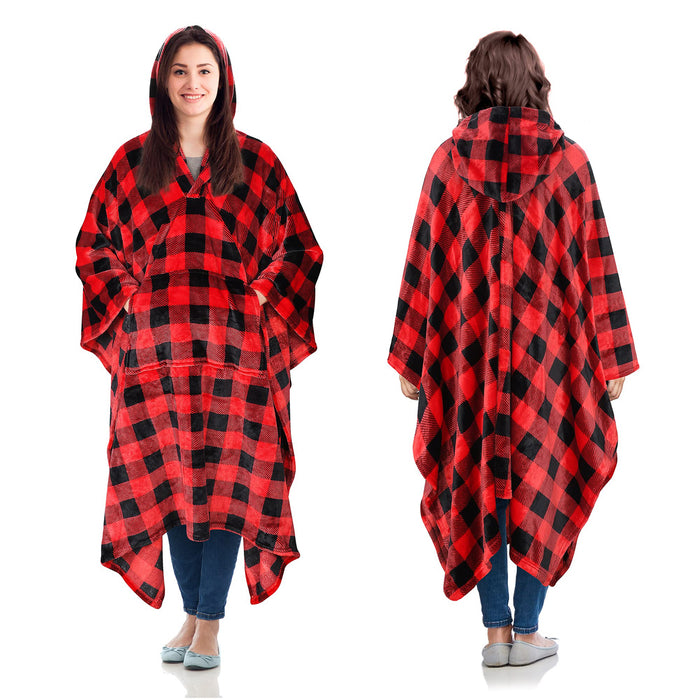 Fleece Wearable Blanket Poncho With Hood