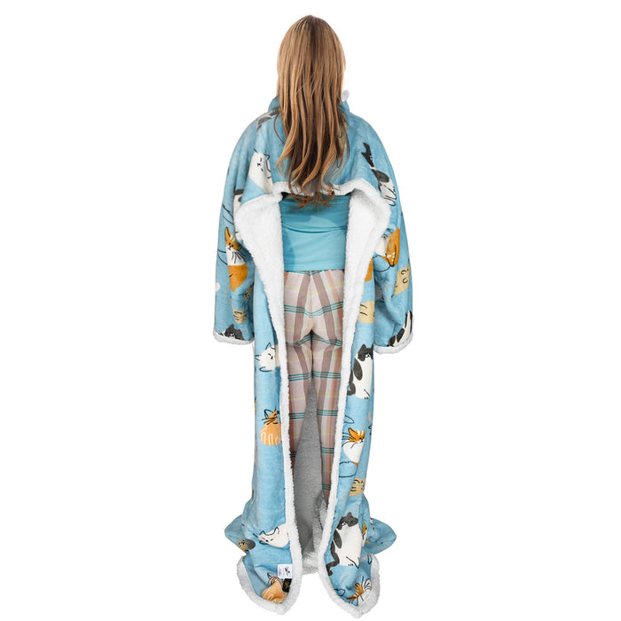 Pet Pattern Sherpa Wearable Blanket With Sleeve & Foot Pocket