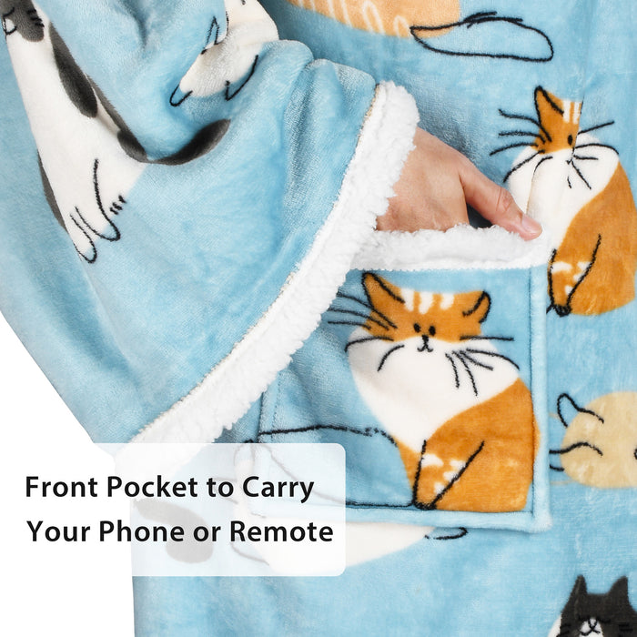 Pet Pattern Sherpa Wearable Blanket With Sleeve & Foot Pocket