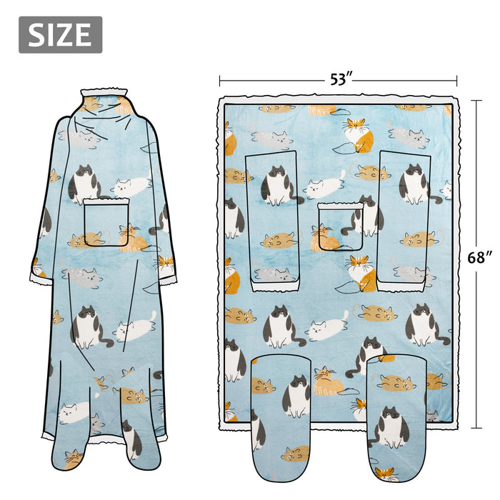 Pet Pattern Sherpa Wearable Blanket With Sleeve & Foot Pocket