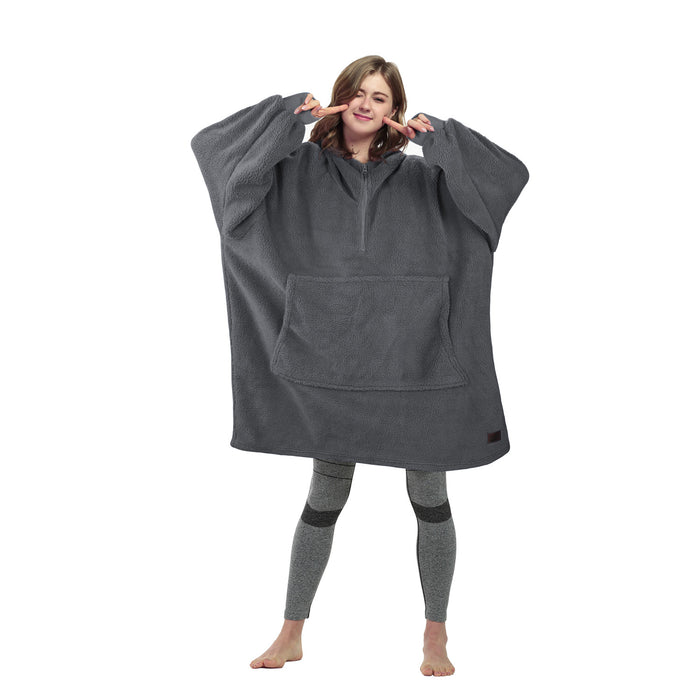 Quarter Zipper Faux Shearling Oversized Hoodie Blanket
