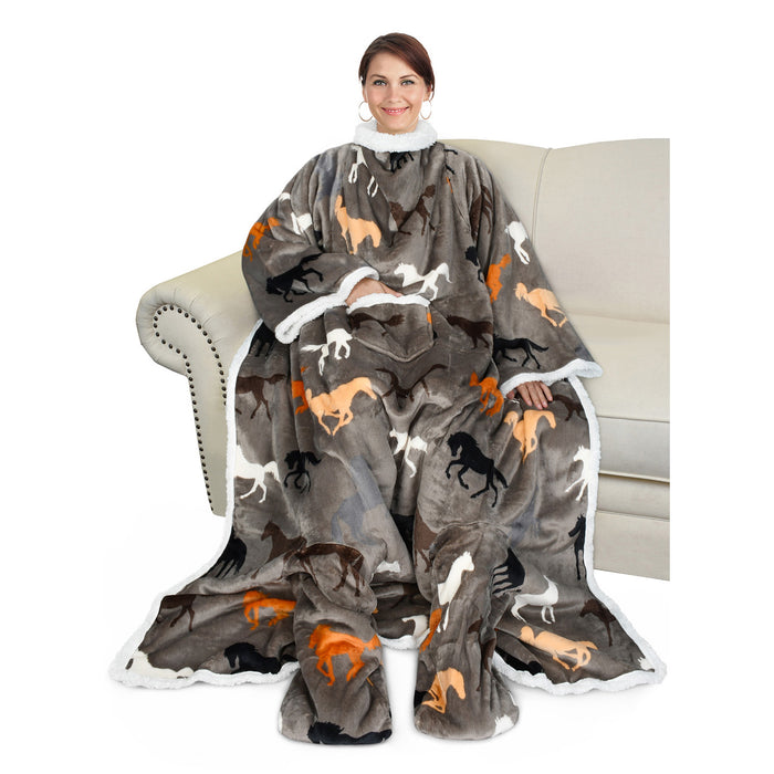 Pet Pattern Sherpa Wearable Blanket With Sleeve & Foot Pocket