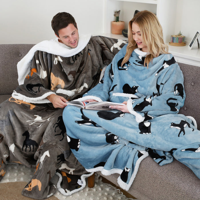 Pet Pattern Sherpa Wearable Blanket With Sleeve & Foot Pocket