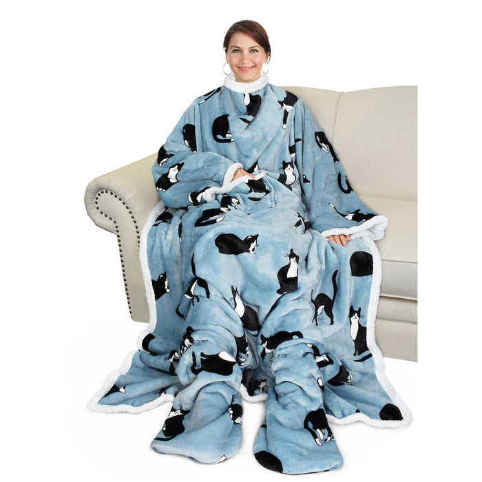 Pet Pattern Sherpa Wearable Blanket With Sleeve & Foot Pocket