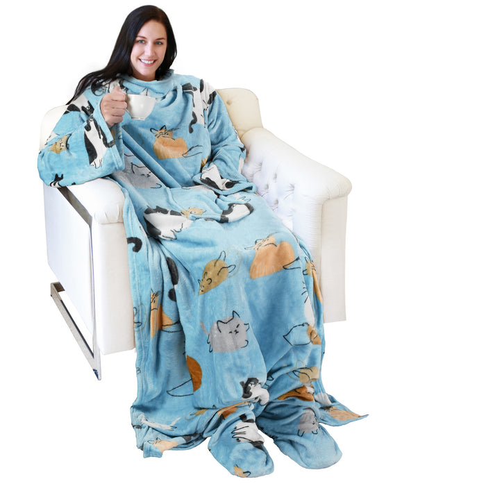 Pet Pattern Fleece Wearable Blanket With Sleeve & Foot Pocket