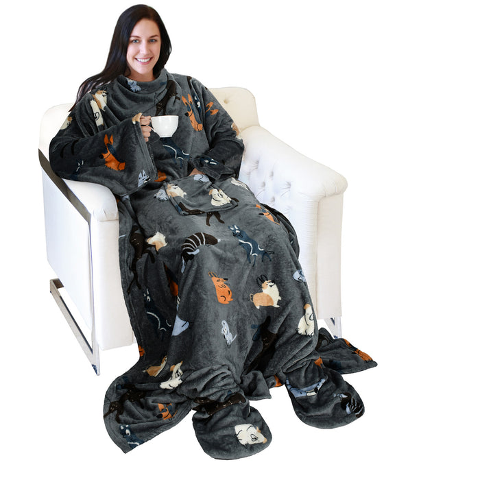 Pet Pattern Fleece Wearable Blanket With Sleeve & Foot Pocket