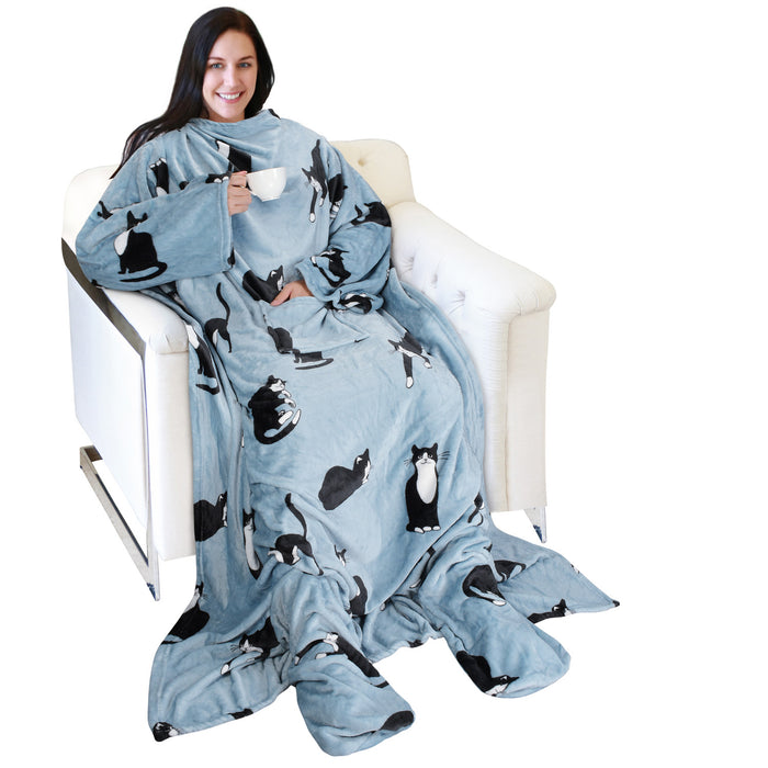 Pet Pattern Fleece Wearable Blanket With Sleeve & Foot Pocket