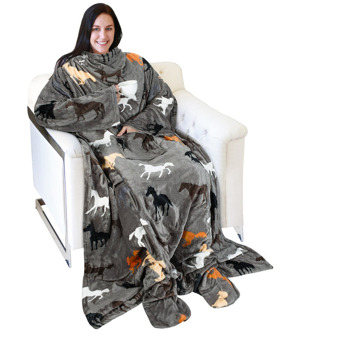 Pet Pattern Fleece Wearable Blanket With Sleeve & Foot Pocket