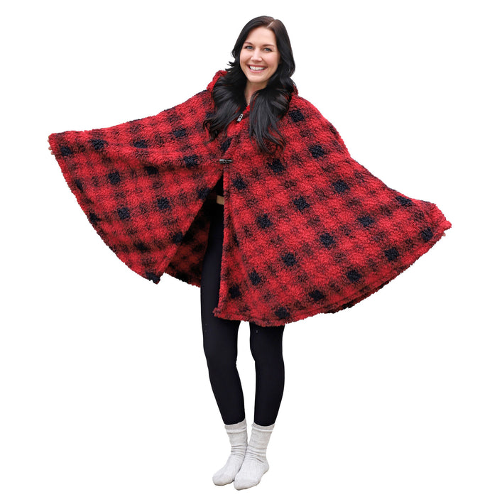 Plaid Sherpa Wearable Blanket Cape With Hood