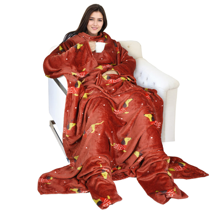 Christmas Fleece Wearable Blanket with Sleeves & Foot Pocket