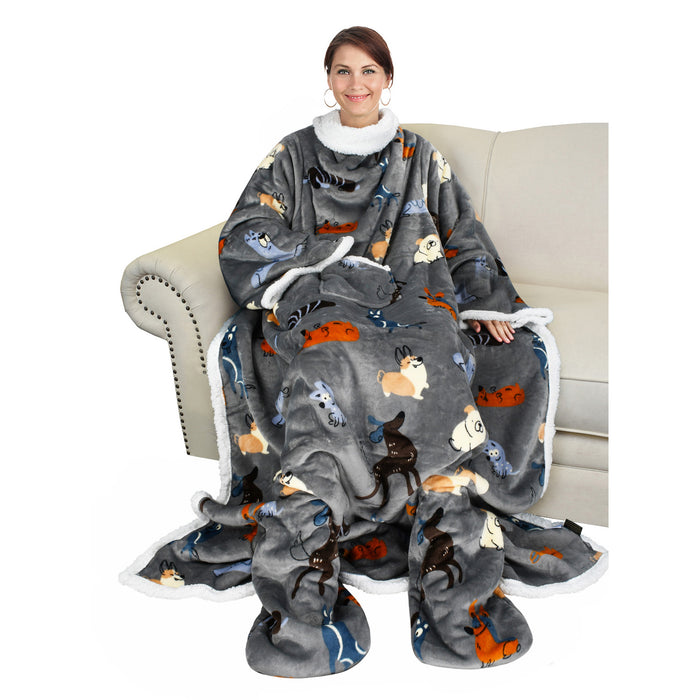 Pet Pattern Sherpa Wearable Blanket With Sleeve & Foot Pocket