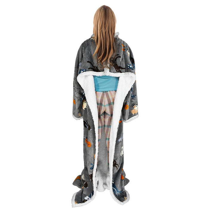Pet Pattern Sherpa Wearable Blanket With Sleeve & Foot Pocket