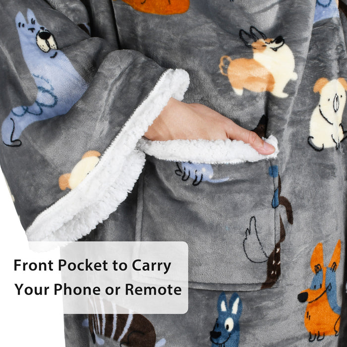 Pet Pattern Sherpa Wearable Blanket With Sleeve & Foot Pocket