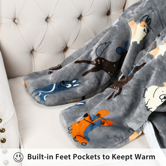 Pet Pattern Sherpa Wearable Blanket With Sleeve & Foot Pocket