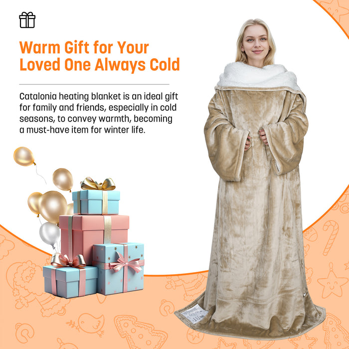 Heated Sherpa Fleece Wearable Blanket With Sleeves
