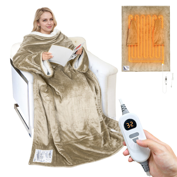 Heated Sherpa Fleece Wearable Blanket With Sleeves