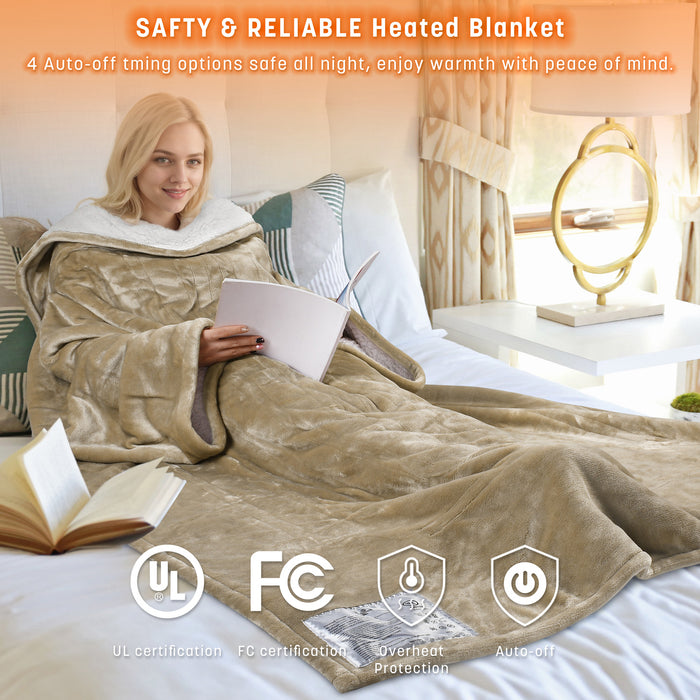 Heated Sherpa Fleece Wearable Blanket With Sleeves
