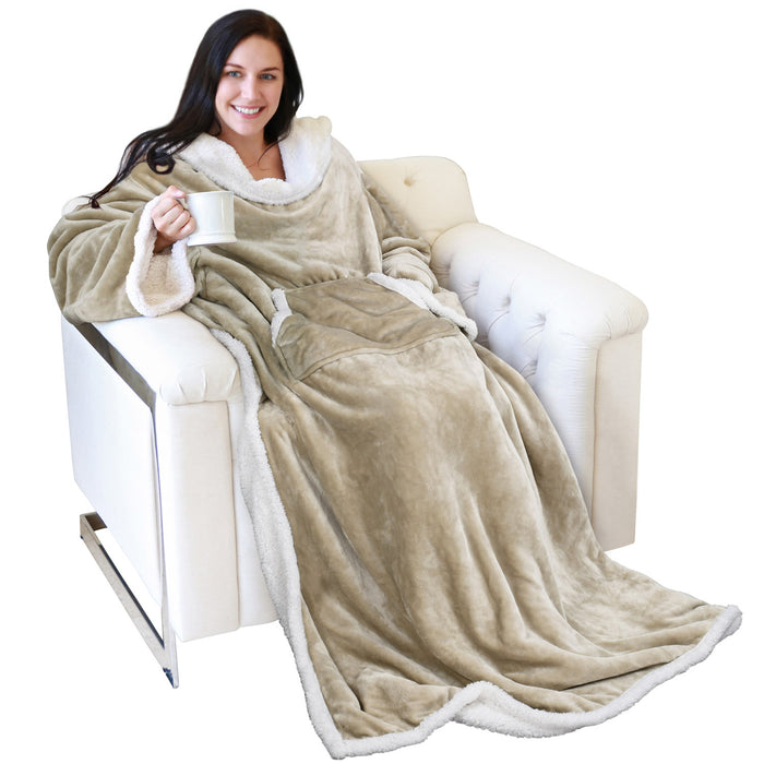 Kangaroo Front Pocket Sherpa Wearable Blanket With Sleeve