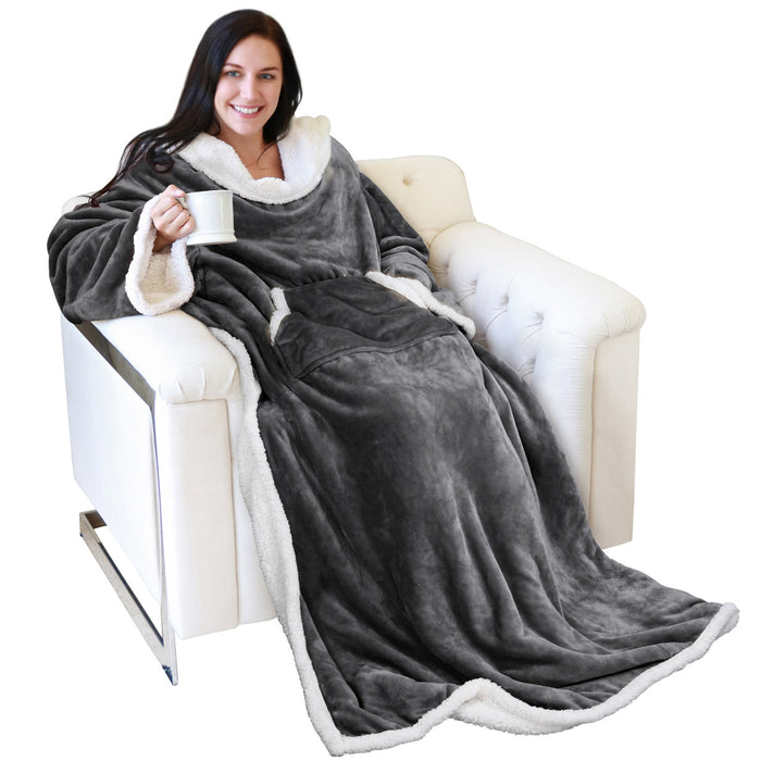 Kangaroo Front Pocket Sherpa Wearable Blanket With Sleeve