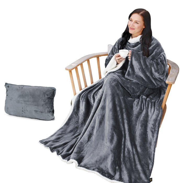 Packable Travel Sherpa Wearable Blanket With Sleeve