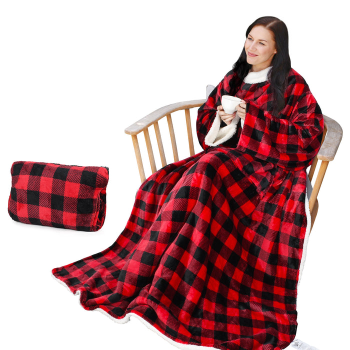 Packable Travel Sherpa Wearable Blanket With Sleeve