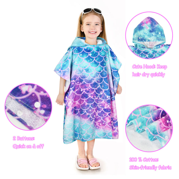 Catalonia Kids Mermaid Hooded Bath Towel for Girls Aged 2-6, 100% Cotton, Absorbent toddler towel poncho, Swim Changing Robe, Sand Proof
