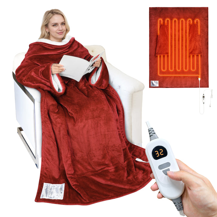 Heated Sherpa Fleece Wearable Blanket With Sleeves