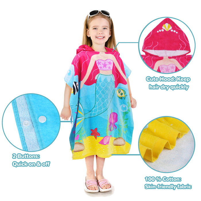 Catalonia Kids Mermaid Hooded Bath Towel for Girls Aged 2-6, 100% Cotton, Absorbent toddler towel poncho, Swim Changing Robe, Sand Proof