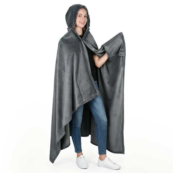 Catalonia Hooded Blanket Poncho | Wearable Blanket Wrap with Hand Pockets | Comfy Sherpa Fleece Throw Cape for Children and Adults, Women Gift Grey