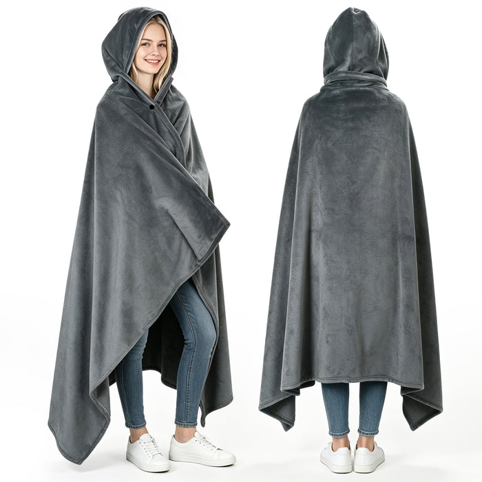 Catalonia Hooded Blanket Poncho | Wearable Blanket Wrap with Hand Pockets | Comfy Sherpa Fleece Throw Cape for Children and Adults, Women Gift Grey