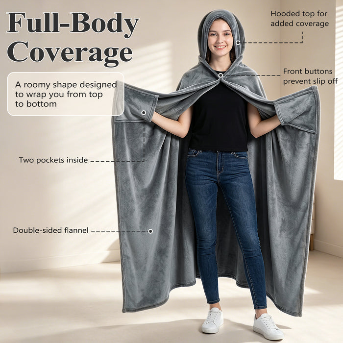 Catalonia Hooded Blanket Poncho | Wearable Blanket Wrap with Hand Pockets | Comfy Sherpa Fleece Throw Cape for Children and Adults, Women Gift Grey
