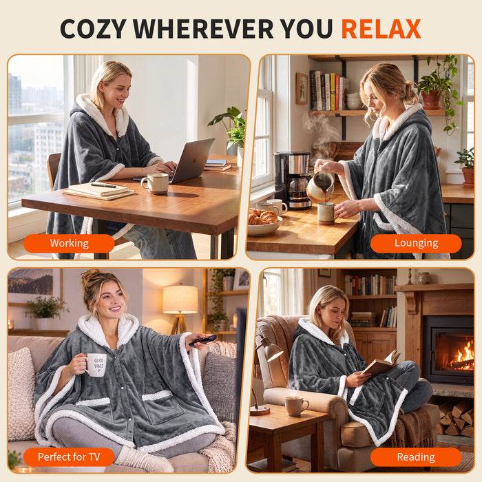 Catalonia Wearable Heated Blanket, Cozy Sherpa Lined Portable Electric Heating Cape for Home Office Outdoor
