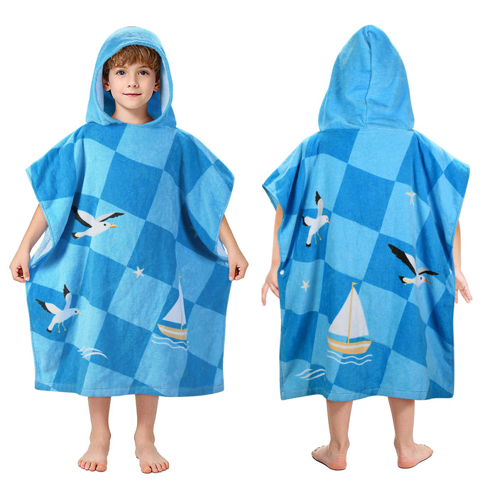 Childrens hooded beach poncho towel with blue nautical checkerboard and sailboat print, front and back view