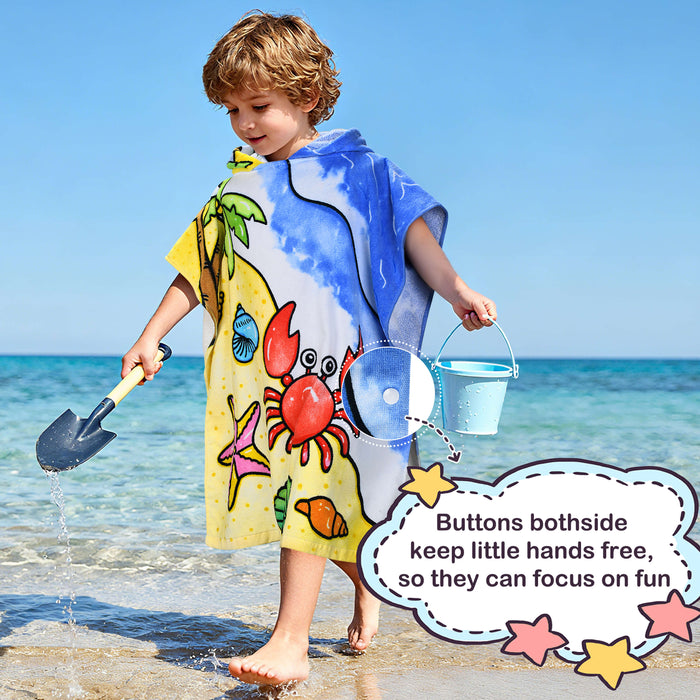 Child wearing crab pattern hooded poncho towel walking on beach with bucket and shovel, button detail shown