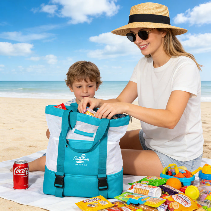 Catalonia Large Mesh Beach Tote with Cooler Bag, Sandproof Oversized Handbags with Zipper for Women Ladies Mom Vacation Family Trips Toys,Aqua