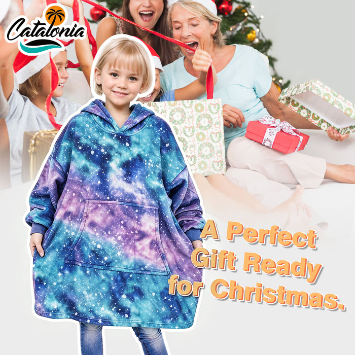 Catalonia Cat Print Oversized Blanket Hoodie Sweatshirt for Kids, Wearable Fleece Pullover with Large Front Pocket, 4-12 Years Boy Girl Gift
