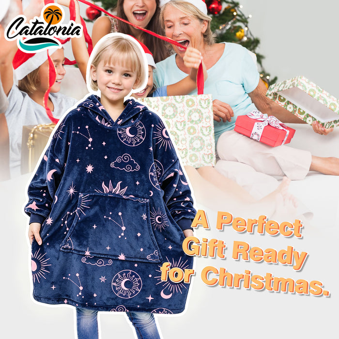 Catalonia Cat Print Oversized Blanket Hoodie Sweatshirt for Kids, Wearable Fleece Pullover with Large Front Pocket, 4-12 Years Boy Girl Gift