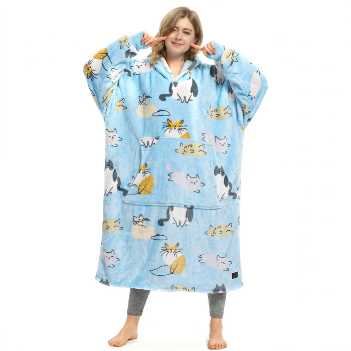 Catalonia Oversized Blanket Hoodie Sweatshirt, Wearable Fleece Pullover for Adults Men Women Teenagers Kids Wife Girlfriend, Soft Warm Comfortable Extra Long Blue Cat