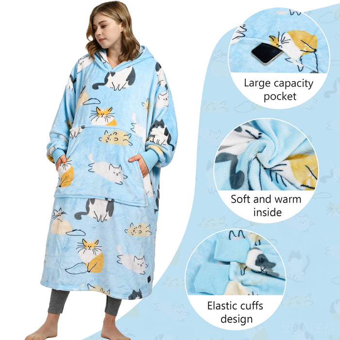 Catalonia Oversized Blanket Hoodie Sweatshirt, Wearable Fleece Pullover for Adults Men Women Teenagers Kids Wife Girlfriend, Soft Warm Comfortable Extra Long Blue Cat