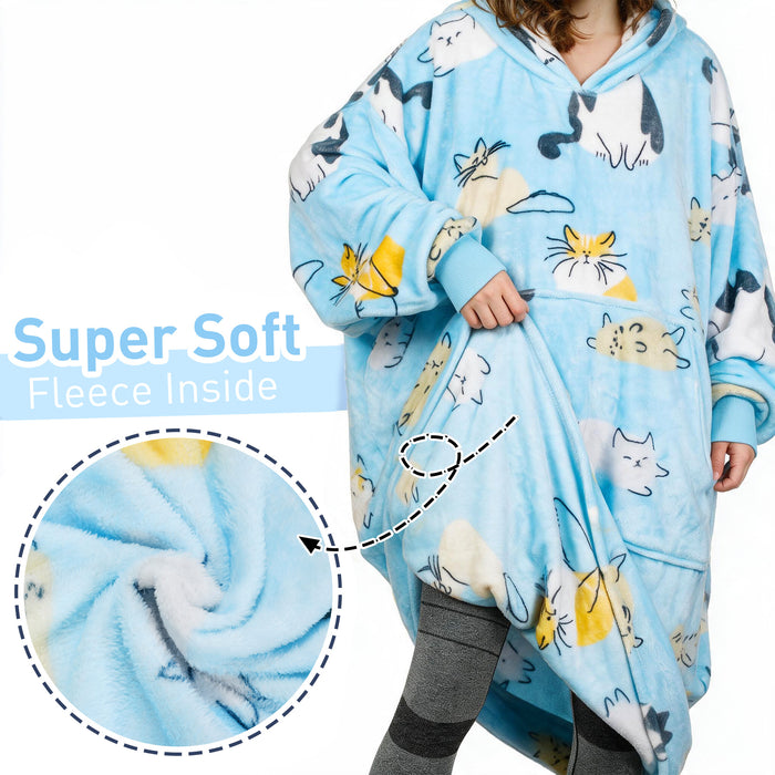 Catalonia Oversized Blanket Hoodie Sweatshirt, Wearable Fleece Pullover for Adults Men Women Teenagers Kids Wife Girlfriend, Soft Warm Comfortable Extra Long Blue Cat