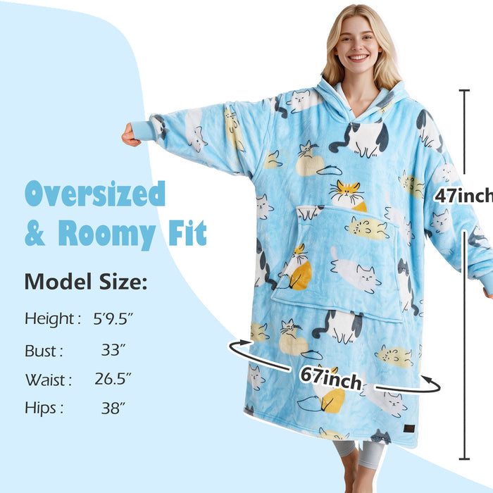 Catalonia Oversized Blanket Hoodie Sweatshirt, Wearable Fleece Pullover for Adults Men Women Teenagers Kids Wife Girlfriend, Soft Warm Comfortable Extra Long Blue Cat