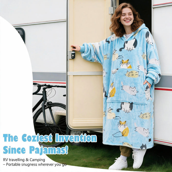 Catalonia Oversized Blanket Hoodie Sweatshirt, Wearable Fleece Pullover for Adults Men Women Teenagers Kids Wife Girlfriend, Soft Warm Comfortable Extra Long Blue Cat