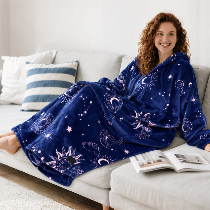 Catalonia Oversized Blanket Hoodie Sweatshirt, Wearable Fleece Pullover for Adults Men Women Teenagers Kids Wife Girlfriend, Soft Warm Comfortable Extra Long Navy+Astrology